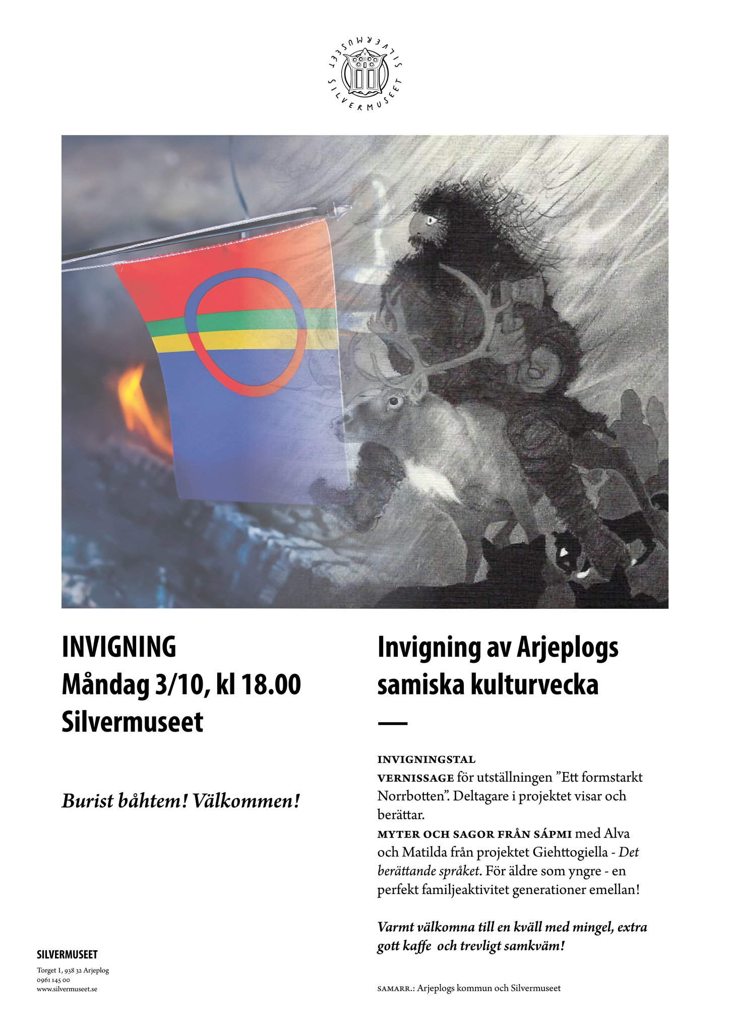 Annons för Höstmarknaden. Samisk flagga och samiskt konstverk i svartvitt föreställande en person som rider på en ren