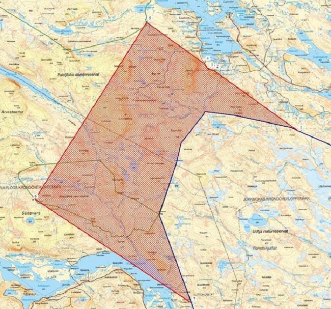 Kartbild över ett område i Arjeplog markerat i rött som innebär förbud.
